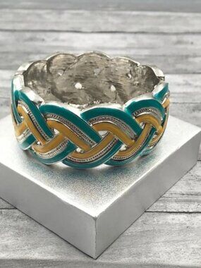 Bangle Bracelet Celtic Knot Braided Yellow Green Enameled Silver-tone Wide Hinge